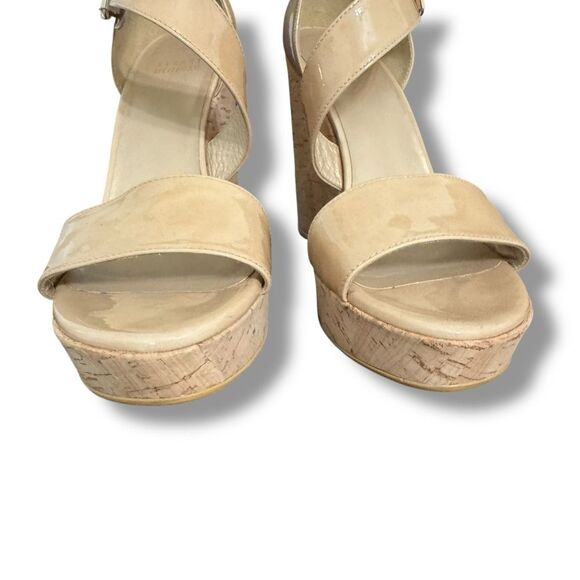 Stuart Weitzman Oneliner Patent Leather Cork Wedge Open Toe Heels Nude Size 9 - Picture 6 of 10